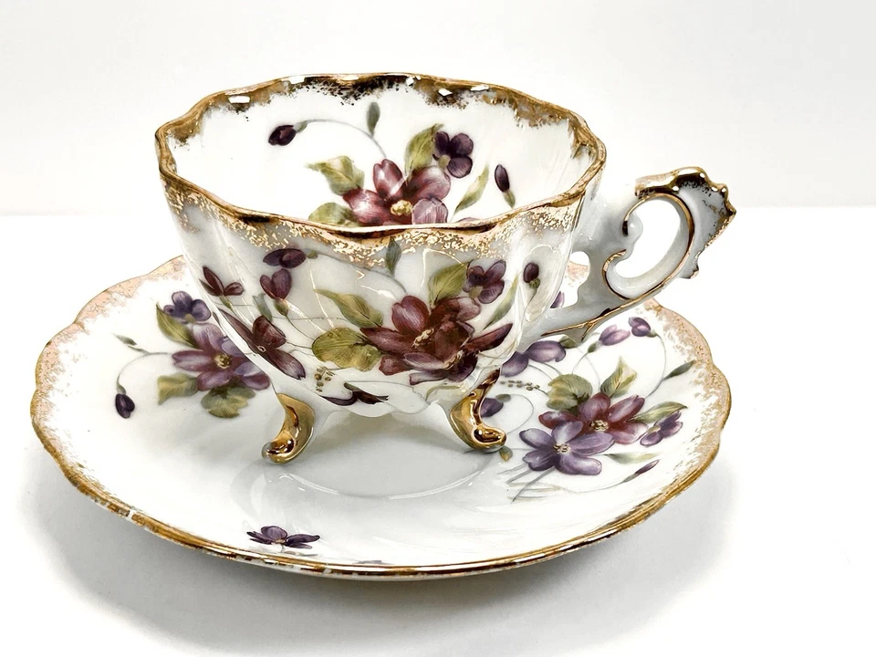 Vintage Enesco Fine China Tea Cup And Saucer With Violets On Bright White  - Image 1 of 4