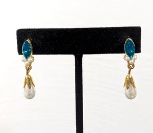 Retro Teal Blue Marquise Rhinestone Faux Pearl Dangle Earrings Bridal Elegant - Picture 1 of 8
