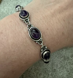 BOHO Amethyst Dark Purple Sterling Silver 925 Link Tennis Bracelet Oval Link 8” - Picture 1 of 6