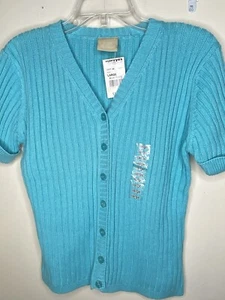 Partners Womens Large Sweater Button Up Blue Radia Short Sleeve NEW - Picture 1 of 9
