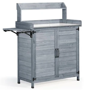 Garden Potting Bench Table Outdoor Patio Wooden Storage Cabinet Metal Tabletop - Picture 1 of 16