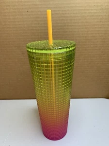 STARBUCKS SUMMER 2022 YELLOW PINK ORANGE OMBRE GRID 24 oz TUMBLER / CUP - NWT - Picture 1 of 3