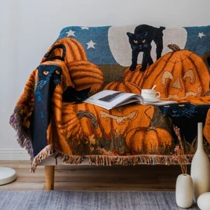 Halloween Pumpkin Black Cat Cotton and Polyester Blanket Throw - Picture 1 of 5