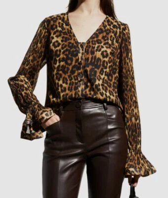 Blusa Top Para Mujer $325 Milly Marrón Verde Manga Plisada Estampado Leopardo Talla S Foto 1 de 4