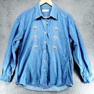 Denim Shirt Button Down Womens M Floral Embroidered Long Sleeve Blouse - Picture 1 of 17