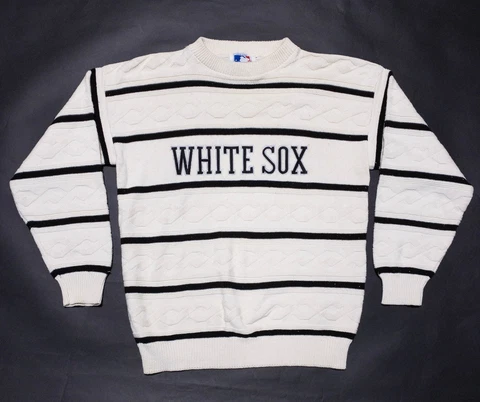 Vintage Chicago White Sox Sweater Mens Medium Nutmeg Ivory Cable-Knit Stripe 80s Cover