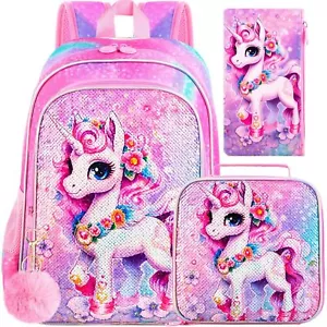 3PCS Unicorn Backpack for Girls 16”Kids Sequin Bookbag with Lunch Box Water R... - Picture 1 of 7