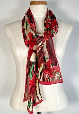 Bufanda Floral Vintage Rojo Seda Floral Rojo Lirio 10.75" X 51 Marrón Negro Foto 1 de 4