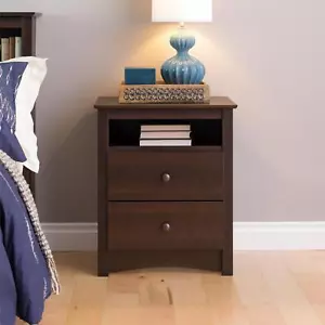 Nightstand Tall 2-Drawer Open Shelf Bedside Storage Espresso Bedroom Furniture - Bild 1 von 8
