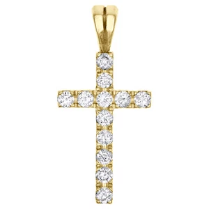 14K Yellow Gold Real Diamond Mini 1 Row Prong Set Cross Pendant 1" Charm 0.57 CT - Picture 1 of 6