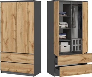Kleiderschrank Schrank Anthrazit und Eiche 180cm hoch 90cm breit mit 2 Schublade - Bild 1 von 3