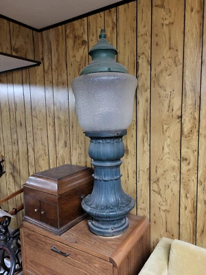 PLEASE OFFER: Antique "Glass" street light on cast iron pole;    for indoor use - Image 1 of 4