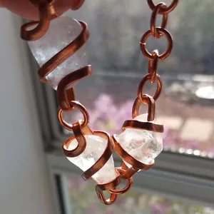 Artisan Made Thick Flat Copper Wire Wrapped Clear Rock Crystal Stones Bracelet - Picture 1 of 16
