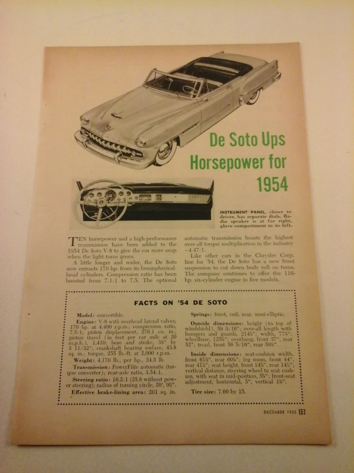 Anuncio impreso de coche 1954 de colección '54 DE SOTO CONVERTIBLE - con panel de instrumentos mostrado Foto 1 de 1