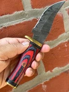 8” CUSTOM HANDMADE DAMASCUS HUNTING SKINNING KNIFE WOOD & BRASS GUARD HANDLE - Picture 1 of 6