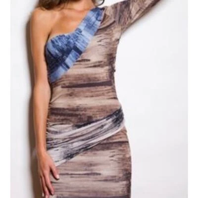 Nuevo con etiquetas Vestido Drapeado Torn Ronny Kobo Paula Talla Grande Estampado Pincel Mixto Marrón Azul Foto 1 de 4