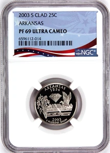 2003-S Proof State Quarter, Arkansas, PF69 Ultra Cameo NGC, Patriotic Label - Picture 1 of 4