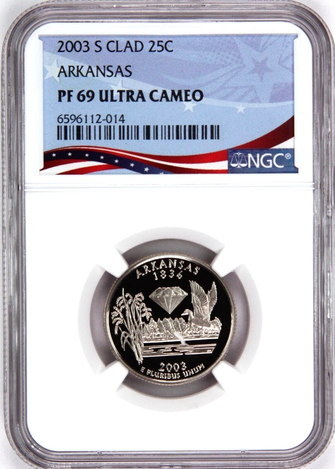 2003-S Proof State Quarter, Arkansas,  PF69 Ultra Cameo NGC, Patriotic Label - Image 1 of 4