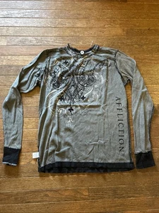 Rare Vintage New Affliction Shirt Medium Gray Black Reversible Knit Long Sleeve - Bild 1 von 11