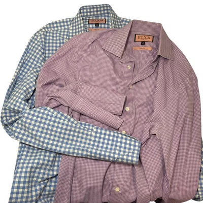 2 camisas de vestir Thomas rosa con botones 15/38 cm ajustadas a cuadros puño francés Foto 1 de 4