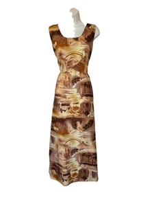 Vintage Hawaii Nei Dress Womens M/L Maxi Rainbow Island Sun Palm Tree 70s Hippie - Picture 1 of 14