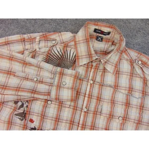 Artful Dodger Shirt Mens Med Orange White Plaid Western Pearl Snaps - Picture 1 of 10
