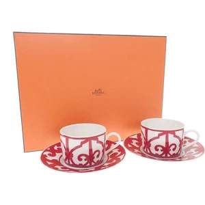 HERMES Teacup & Saucer Gadalquivir 2 Pieces Tableware Porcelain Red TGIS - Picture 1 of 10