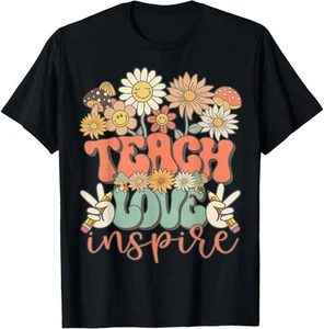 Teach Love Inspire Retro Groovy Daisy Back To School Teacher T-Shirt Hoodie - Picture 1 of 17