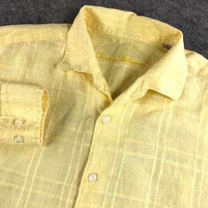 Tommy Bahama Mens Shirt Medium Button Up Yellow Plaid 100% LINEN Long Sleeve - Picture 1 of 11