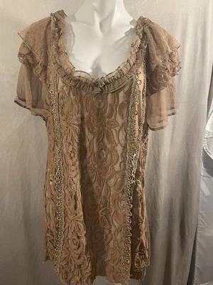 Blusa Pretty Angel Marrón Mezcla Seda Encaje Bordado Talla 2x Túnica Boho Fairycore Foto 1 de 4