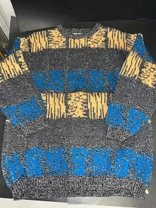 Vintage 90s Benetton Shetland-Wool Sweater L-Short Blue Yellow Abstract ITALY - Picture 1 of 4