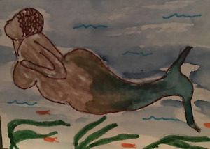 2.5 x 3.5 inches, ACEO watercolor painting by PJ, Willendorf mermaid