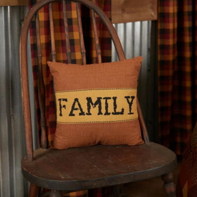 New Primitive Country Barn Red Gingham Check FAMILY Burlap Accent Pillow 12" - Image 1 of 3