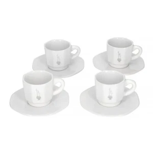 4 Bialetti Moka Perfetto Porcelain Espresso Cups & Saucers White & Silver 75ml - Picture 1 of 14