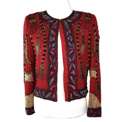 Vtg Laurence Kazar Silk Beaded Evening Trophy Jacket Red Tassel Ornate S Small - Image 1 of 4