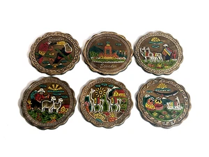 Ecuador Village Tooled Leather Coasters Set of 6 with Holder - Picture 1 of 6