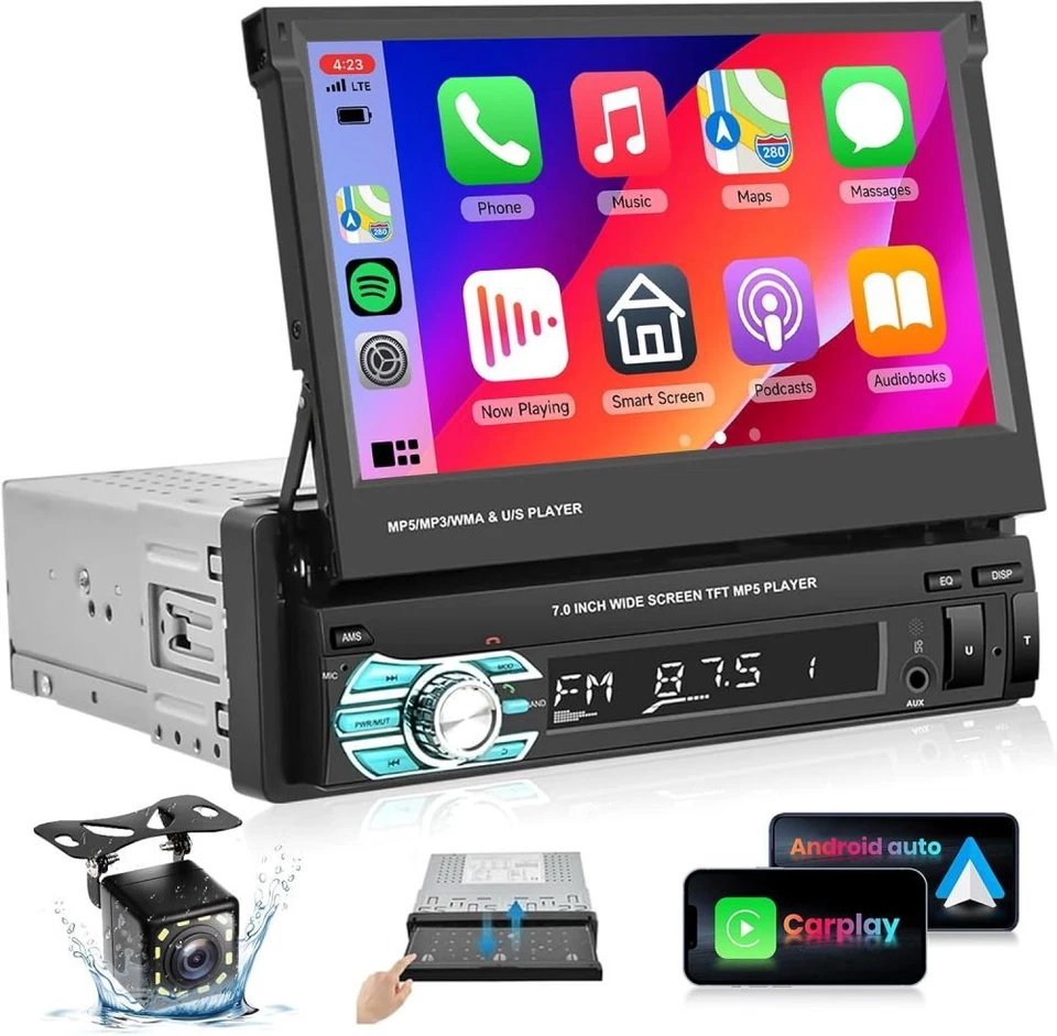 PODOFO 7" Single 1 DIN Car Radio Stereo Apple Carplay Bluetooth Flip Out Screen USB AUX