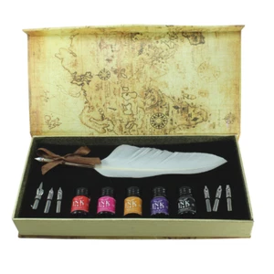 Calligraphy Pen Set 12pce White Feather 7 Nibs 5 Coloured Inks In Gift Box - Picture 1 of 3