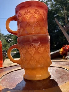 Set of Two Fire King Kimberly Mugs Orange Red Diamond Pattern Ombre - Picture 1 of 5