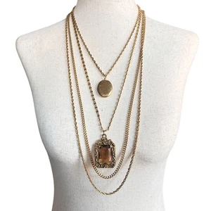 VTG 1960s Goldette 4-Strand Locket Necklace Amber Glass Pendant Gold Tone Boho - Picture 1 of 5