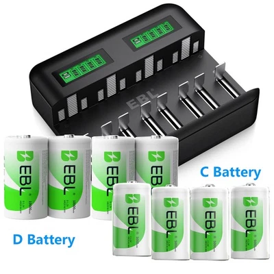 EBL C, D Size Rechargeable Batteries 1.2V NIMH /  C, D Battery Charger Lot - Image 1 of 4