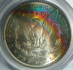 1880-S DÓLAR MORGAN EN TONO ARCO IRIS ~ PCGS MS66 ~ ARCO IRIS CRECIENTE INVERSO VIBRANTE * - Imagen 1 de 7