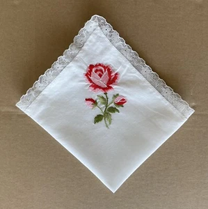 Handgefertigtes besticktes Taschentuch Taschentuch Rose Spitzeneinfassung - Bild 1 von 5