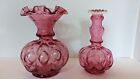 Fenton Cranberry Melon Vase Ruffled Top & Fenton Perfume Bottle Art Glass