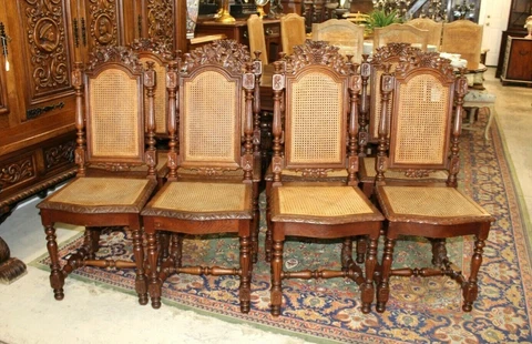 Set of 8 French Antique Henry II Renaissance Oak Caned Dining Room Chairs Cover