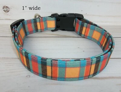 Fall Orange aqua 蓝色黑色格子 Terri's 狗项圈手工可调节男孩 — 第 1/4 张图片