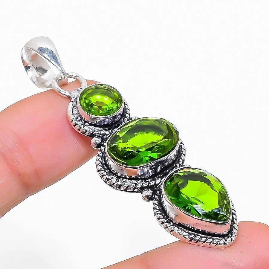 Green Peridot Gemstone Handmade 925 Sterling Silver Jewelry Pendant Size 1.75" - Image 1 of 1
