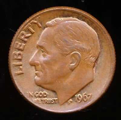 Moneda de diez centavos P Roosevelt 1967, error como nueva, falta capa revestida Foto 1 de 4