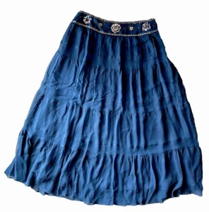 Bob Mackie Navy Blue Embroidered Floral 100% Silk Tiered Maxi Peasant Skirt 10 - Picture 1 of 7