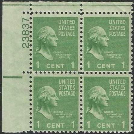 Plate Block of 4 stamps - Scott 804 - 1 cent - George Washington - 1938 - MNH - Image 1 of 1